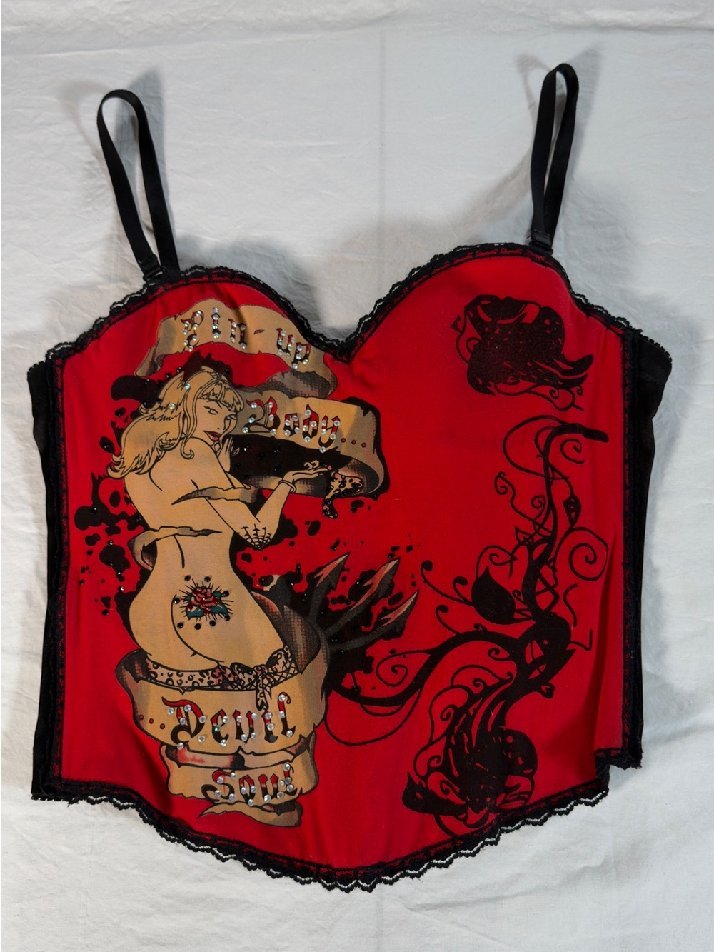 Sexy Red Graphic Pin-Up Bustier Top. Sz L